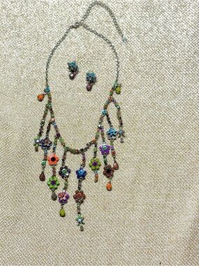 Vintage Volm Enameled Painted Flowers  Rhinestone Necklace Earring Set